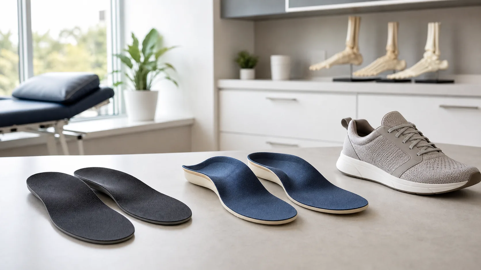 Custom foot orthotics beside an over-the-counter shoe insert in a podiatry clinic