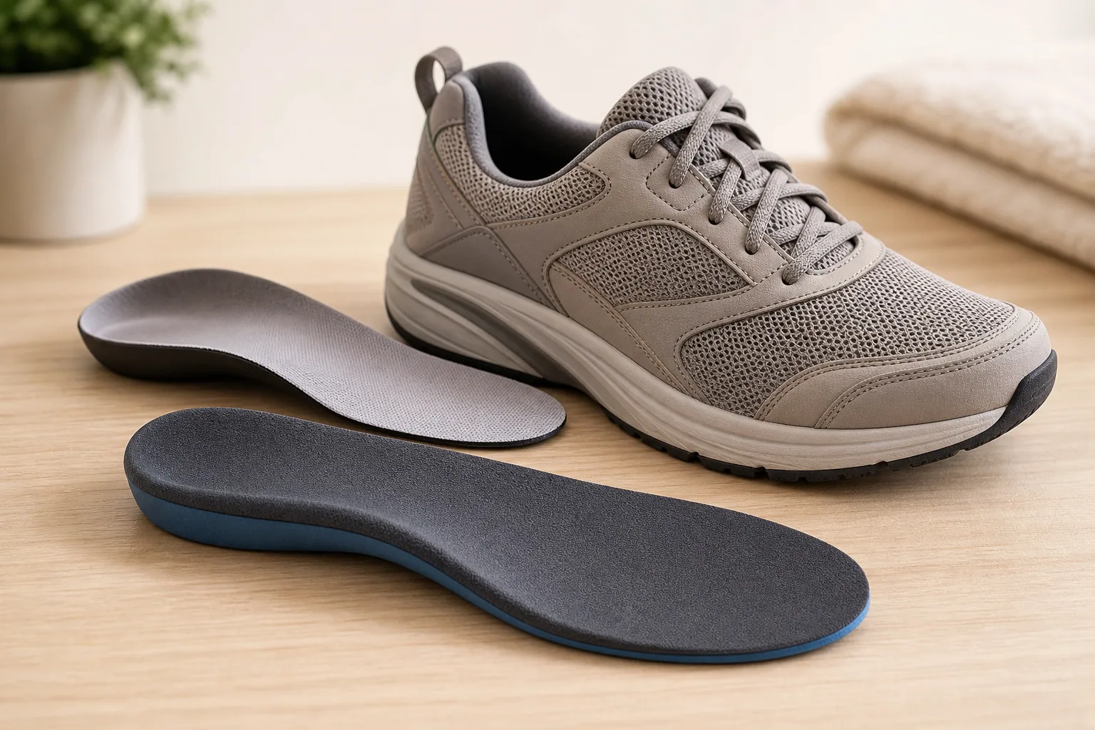 Quality over-the-counter arch-support insert beside a supportive walking shoe