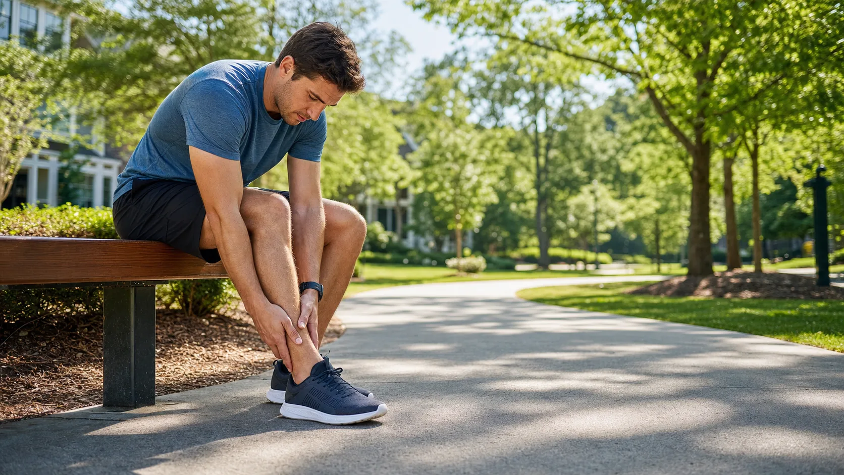 Runner holding an injured ankle after a summer workout in Marietta